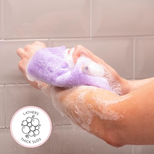 S&T INC. Back Scrubber for Shower, Exfoliating Body Scrubber or Bath Exfoliating Towel for Skin Care, 11.8 Inches x 35.4 Inches, Assorted Purple, 3 Pack