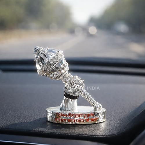Image of Gold Art India Hanuman Gada Idol Silver Plated - Bajrangbali Gada for Car Dashboard, Home Mandir & Office Decor | 4 Inch