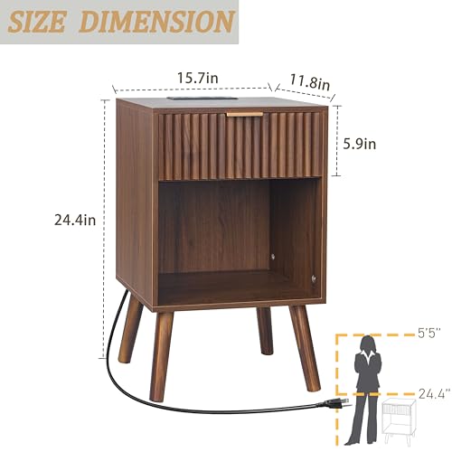 Image of Fultyle Nightstand with Charging Station, Fluted Night Stand with USB and Type C Ports, Mid Century Modern Bedside Table with Drawer and Storage Shelf for Bedroom, Living Room, Office (Walnut Brown)