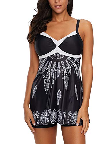 LAMISSCHE Womens Spaghetti Strap Bathing Suit Dress Printed Padded Tank Top Tankini Swimsuits(Two-Piece Black,L)