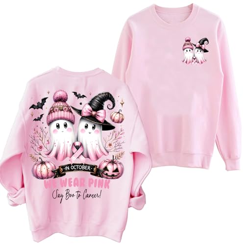Image of TONGCHEN Ghost Halloween In October We Wear Pink Sweatshirt Breast Cancer Awareness Sweatshirt Women (US, Alpha, Medium, Regular, Regular, Pink)