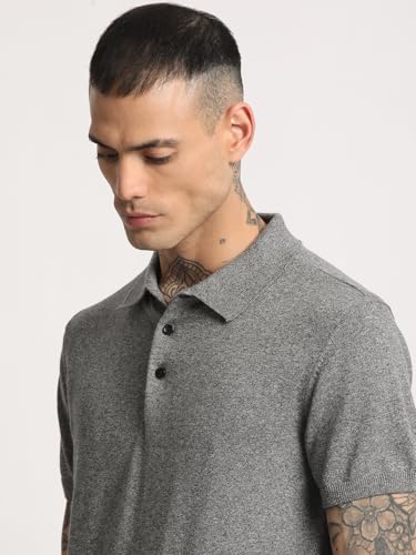 Image of Men Blue Solid Regular Fit Polo Collar T-Shirt