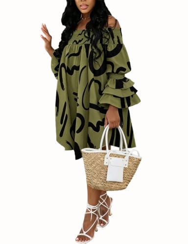 Image of WOKANSE Party Dresses for Women Off Shoulder Layered Flare Sleeve A line Ruched Plus Size Midi Summer Dress