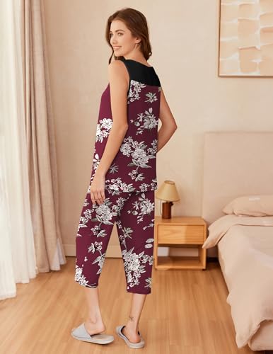 Image of Ekouaer Capri Pajama Sets for Women 2 Piece Soft Cute Pjs Round Neck Sleeveless Lounge Set for Summer Sleepwear S-XXXL