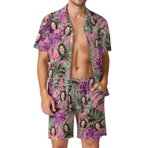 Custom Face Men's Hawaiian 2-Piece Short Set Tropical Flowers Beach Suit Shirts Sleeve Button Down Shirts and Shorts