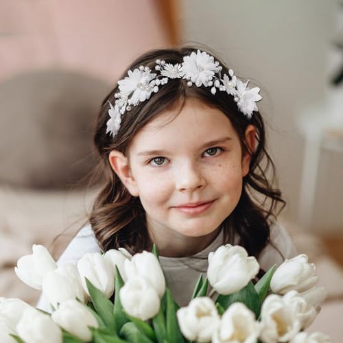 IYOU Commnunion Headpiece for Girls White Flower Wedding Headband Pearl Princess Bridal Hair Accessories - Image 3