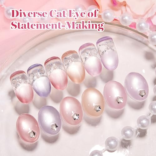 Image of Beetles Silken Moonlight Cat Eye Gel Nail Polish Set - 6 Colors 15ML Full Size Purple Pink Nude Cat Eye Gel Polish Kit Glitter Magnetic Effect Soak Off UV Nail Art DIY at Home Manicure for Women
