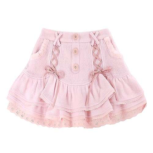 Kawaii Goth Harajuku Lolita Casual Estilo Cintura Elástica Cinta Vintage Ribete de Encaje Falda Corta de Punto en Capas, Rosado, Large