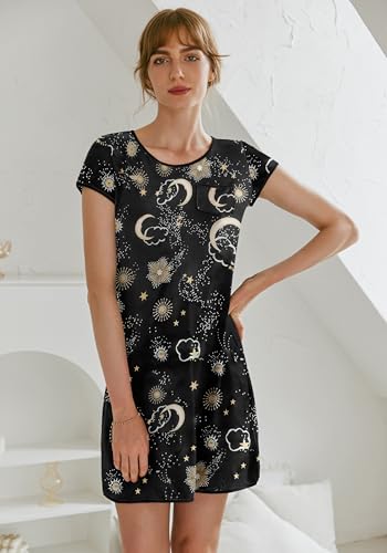 Image of Ekouaer Womens Nightgown Sleep Shirt Dress Satin Patchwork Short Sleeve Sleepwear with Pocket