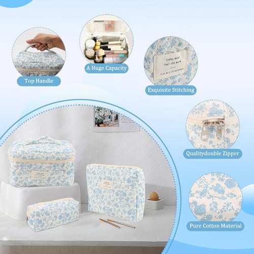 Rosvola Travel Makeup Bag, Cosmetic Bag Set with Handle, Makeup Travel Organizer Portable Cotton Toiletry Bag for Bottles, Brushes, Women Girls4