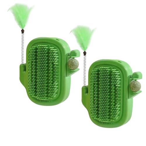 Autocuidado para gatos – Peine de masaje suave | Juguete de cuidado de esquina de cactus | 2 piezas con juguete de plumas y bolas de hierba gatera rascador facial para mascotas | gatitos derraman