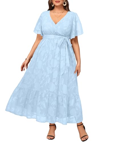Light Blue Plus Size Dress for Women Summer Long Maxi Semi Formal Wrap V Neck Flutter Sleeve Flowy Dresses with Belt