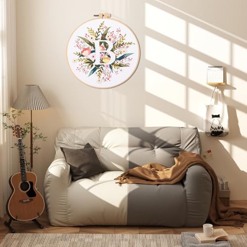 Image of IUHUI Embroidery Kit for Beginners Adults - 26 Floral Letters Easy Patterns, DIY Hand Stitching Embroidery Set with Hoop (Flower and Grass Letter B)