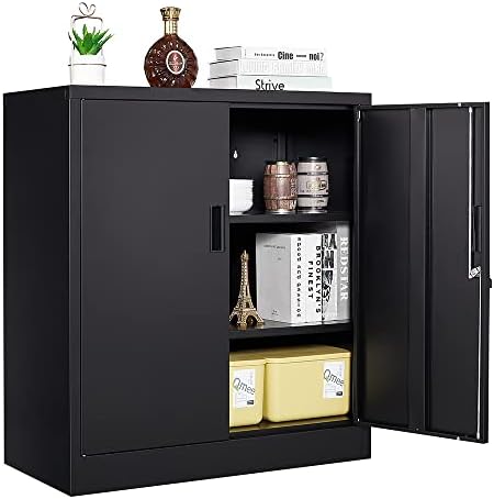 iCHENGGD Small Locking Cabinet,Metal Storage Cabinet with 2 Doors and 2 Shelves, 35.4 inch Counter Height Lockable Steel Storage Cabinet for Garage Home Office Warehouse (35.4" H)