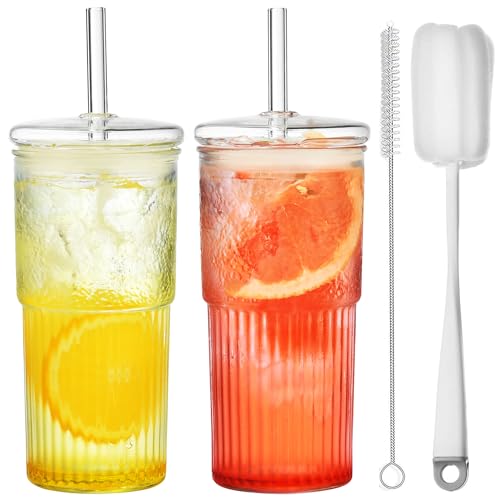 ALINK 570ML Bubble Tea Glasbecher mit Deckel und Strohhalm，2 Pack High Borosilicate Glas Tumbler für Eiskaffee Saft Smoothie Wasser Tee, Geschenk 2 clean Pinsel