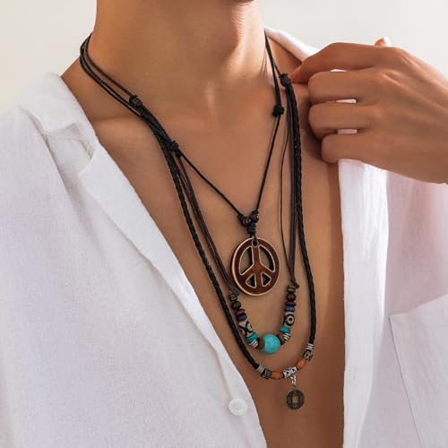 Peace Sign Pendant Necklace Layered Puka Shell Turquoise Boho 1960s 1970s Hippie Party Accessories Necklaces3
