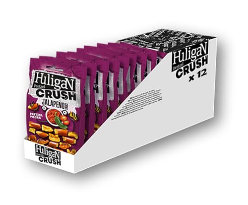 Huligan Jalapeno Pretzels 65G x Pack of 12 - Baked Pretzel Thins Savoury Snacks Bulk Healthy Vegetarian Snack Box Crisps Multipack