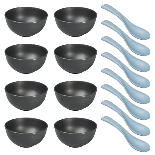 Flewdart 8pcs cuencos plastico irrompibles espesar 700ml con 8 cucharas, vajilla plastico duro reutilizables salad bowl para ensaladera cereales tazones desayuno para cocina Campi (Negro)
