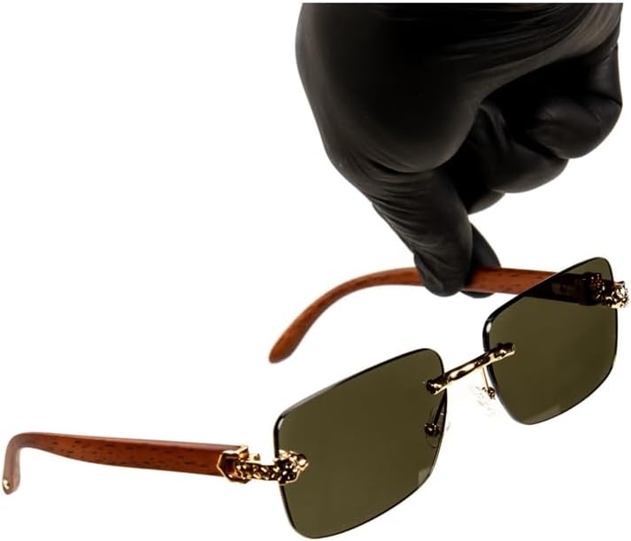 Luxury Gold Frame Unisex Rectangular Rimless Dark Green Tint Lens Retro 90's Stylish Leopard Head Hip Hop Sun Glasses Frameless Square Buffs Woodgrain Arm Summer Shades Sunglasses For Men And Women