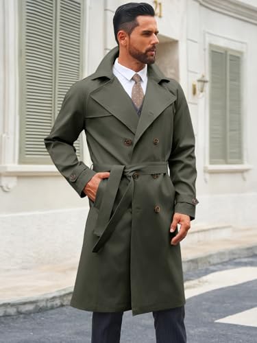 Image of Runcati Mens Trench Coat Double Breasted Notched Lapel Casual Belted Windbreaker Fall Classic Long Jacket Overcoat