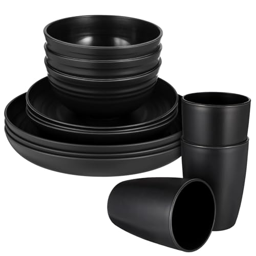 ABOOFAN Camping Dish Set 12-piece Outdoor Dinnerware Set Wheat Straw Plates and Bowls Easy to Maintain for Dorm