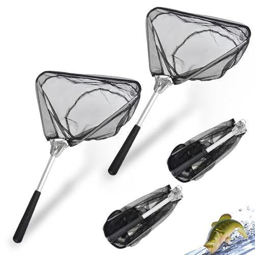 WANDGU Lot de 2 épuisettes pliables avec long manche, épuisette télescopique pêche, étang, piscine, jardin, plage, accessoires de