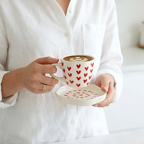 Image of Heart Print Ceramic Coffee Mug and Saucer Set of 2 - Aesthetic Tea Cup, Cute Coffee Mugs for Cafe, Cups & Mugs, Best Gift for Couples and Friends 250 Ml