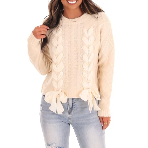 Image of Women Ribbon Sweater Cute Bow Tie Long Sleeve Knit Pullover Winter Casual Crew Neck Cable Knitted Top Streetwear