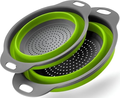 HI NATURE™ Lot de 2 Passoires Pliables Silicone - Grande et Petite - Résistantes à la Chaleur - Sans BPA - Égouttoir Cuisine Compact - Passe au Lave-Vaisselle - Vert (Vert)