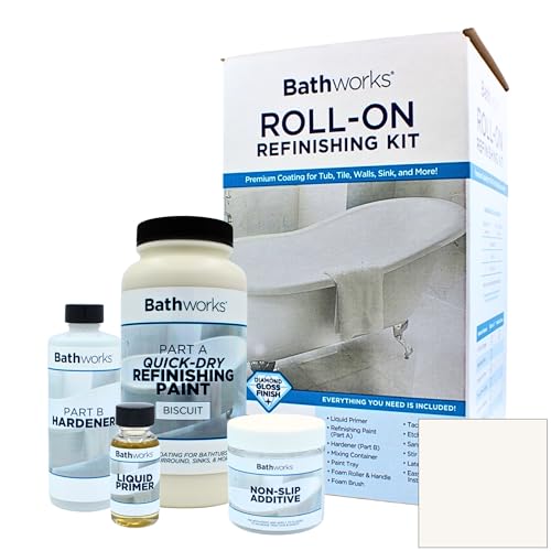 Bathworks Quick-Dry Roll-On Refinishing Kit - 22 fl oz, High Gloss Biscuit, Complete DIY System with Tools & Non-Slip Additive - Faster 12-Hour Dry Time for Bathtubs, Tile, Sinks & Showers