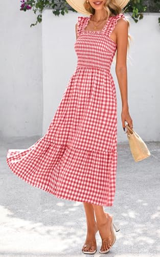 Image of PRETTYGARDEN Women's Summer Dress Casual Ruffle Strap Gingham Midi Sundress