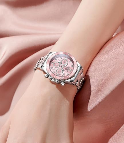 Image of OLEVS Watch for Women Luxury Stylish Diamond Analog Quartz Chronograph Elegant Silver Stainless Steel Chain Waterproof Date Ladies Wrist Watch