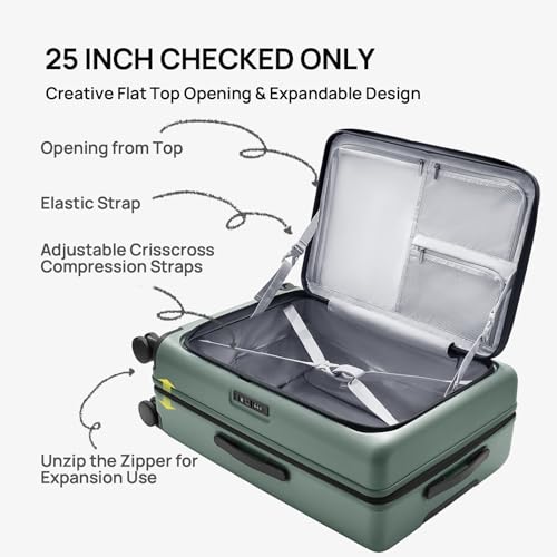 Image of NINETYGO Medium Checked Luggage 25 Inch, Flat Top Opening Check In Luggage with Cup Holder, Expandable, Lightweight PC Hard Shell, TSA Lock, 360 Spinner Wheels (Creamy Matcha Tea)
