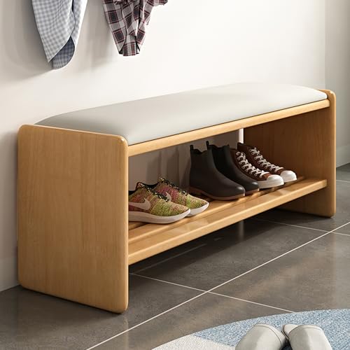 Banco de entrada de madera maciza con cojín, otomano de almacenamiento para zapatos, 4 colores disponibles, asiento elegante y cómodo para puerta delantera o dormitorio, muebles ideales para el hogar
