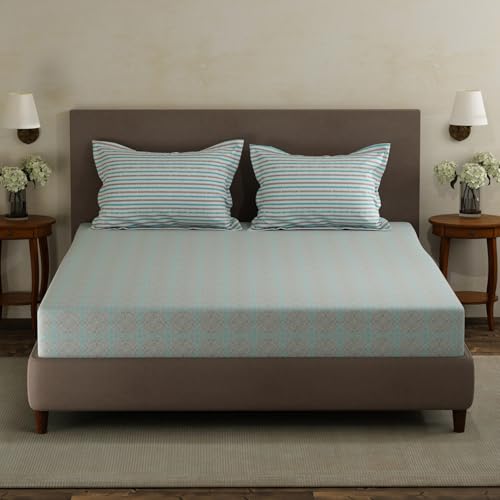 Image of Layers 100% Cotton Double Size Bedsheet Set | Blue Geometric Print | 120 TC Forever Collection | Soft & Breathable | Washable Bedsheet with 2 Pillow Covers | All Season