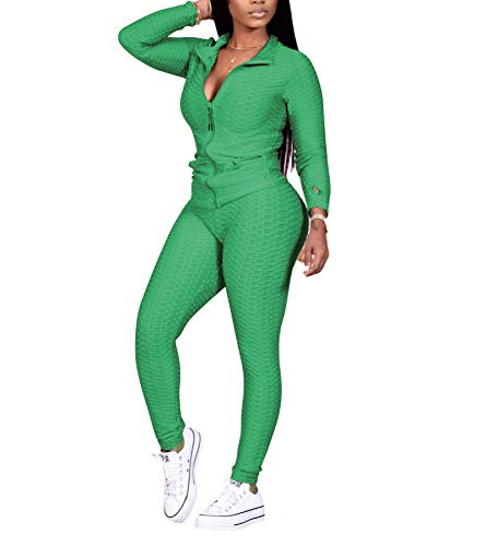 Sweatsuits for Women - Long Sleeve Solid Color Zip Up Sweatshirt Coat + Skinny Long Pants Tracksuits Set Green XX-Large