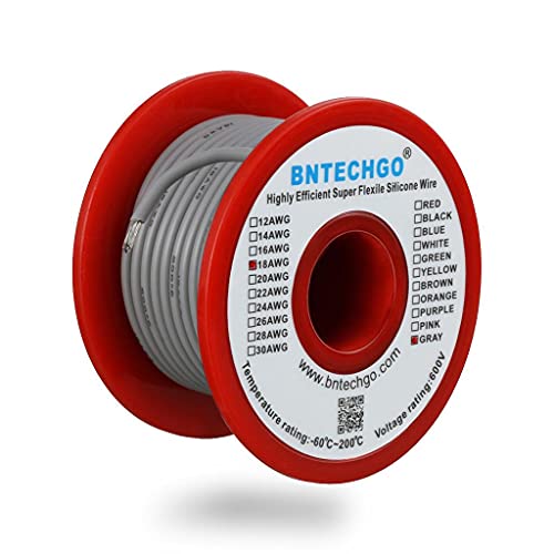 Image of BNTECHGO 18 Gauge Silicone wire spool 50 ft Gray Flexible 18 AWG Stranded Tinned Copper Wire | Flexible 18 AWG Stranded Wire Silicone Rubber Insulation For RC Models, Drone, Robot, Battery, EV Charger, 3D Printer, DIY