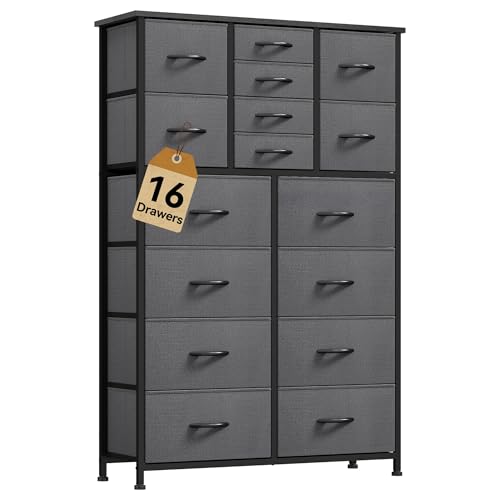 DWVO 16 Drawer Dresser, Tall Fabric Dresser, Large Chest of Drawers, Storage Organizer Closet Living Room Entryway with Sturdy Metal Frame and Wooden Top, Black Gray