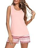 【INFERIOR】😃Pijama mujer corto con pantalone a cuadros, simple pero no monótono, cintura elástica con un cordón para facilitar el ajuste de la cintura, y los dos bolsillos laterales pueden almacenar sus artículos pequeños como llaves, pañuelos, teléfonos móviles, etc.