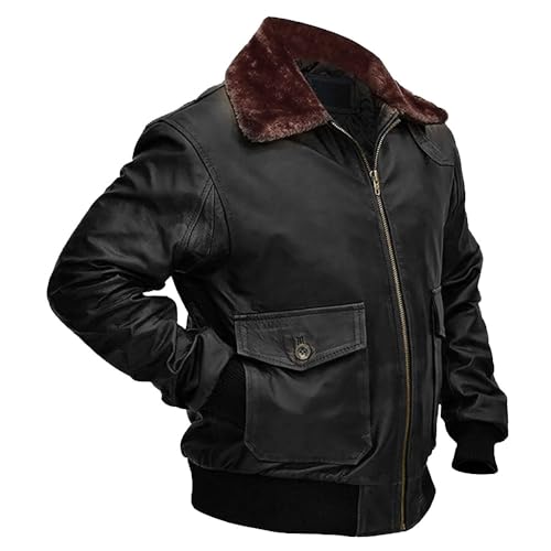 Image of Mens G-1 Fur Collar US Navy Flight Distressed Brown Aviator Genuine Leather Jacket