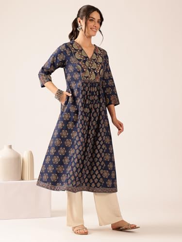 Image of Vbuyz Women's Cotton Floral Print A-Line Regular Fit Kurta