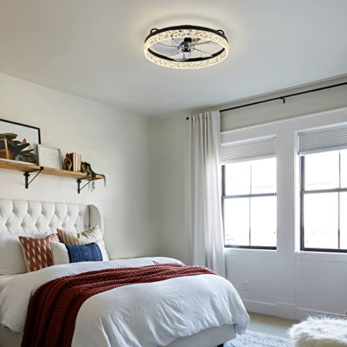 Crossio Modern Flush Mount Ceiling Fan With Lights 20" Low Profile Ceiling Fan With Remote Control Bladeless Ceiling Fan Dimmable Chandelier Fan For Bedroom Kitchen #TOP1