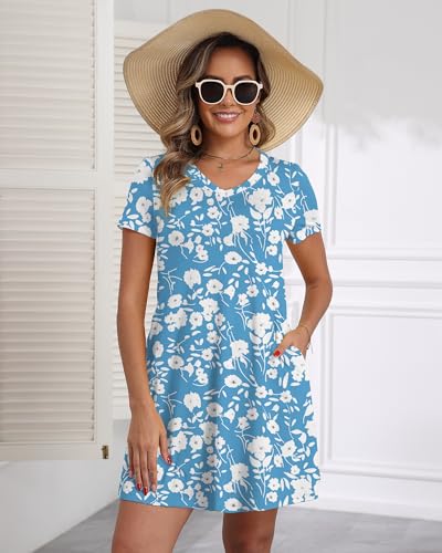 Image of COSSEN Women's Casual T Shirt Dress V-Neck Short Sleeves Swing Dresses Birthday Party Summer Travel Beach with Pocket