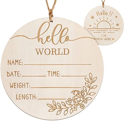 ZIEYOMI Baby Announcement Sign, Wooden Baby Name Sign for Nursery, Hello World Newborn Sign, Birth Announcement Sign for Hospital, Welcome Baby Sign Announcement Board for Photo Prop Baby Shower