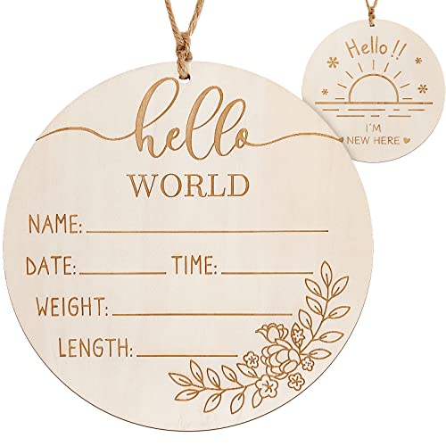 Image of ZIEYOMI-Baby Announcement Sign, Wooden Hello World Newborn Baby Name Sign Birth Announcement Board Plaque for Hospital Nursery Photo Prop Ba-by Shower