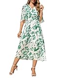 PASUDA Vestidos Verano Mujer Manga Corta Vestido Largo Cuello en V Estampada Elástico Cintura Alta Bohemio Midi Vestido Elegante de Playa Casual Fiesta Invitada Boda (Cuadrados Verdes, XL)