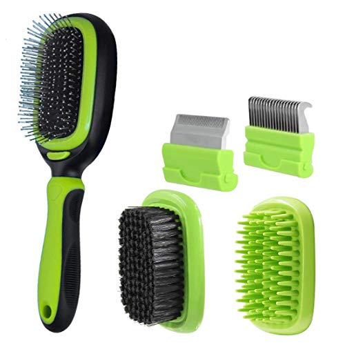 LEWARM Bristle Brush/Pin Brush/Bath&Massage Brush/Dematting Comb/Deshedding Comb for Dogs Cats 5-in-1 Pet Grooming Kit, Remove Undercoat MatsTangled Hair & Improve Circulation
