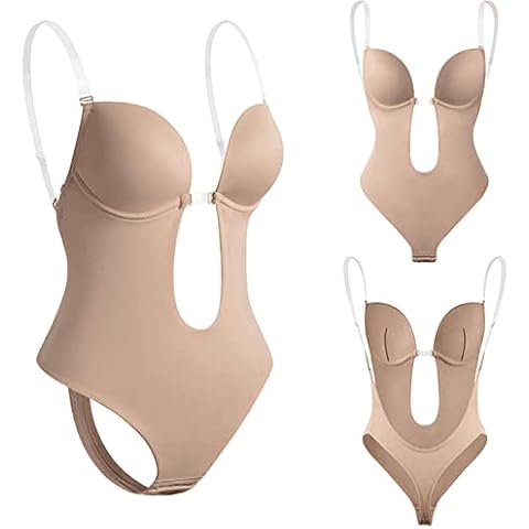 MAOAEAD Women Bodysuit Sexy Backless Evening Dress Shapewear Deep V-Neck Seamless Corset Invisible Straps Padded Push Up Bra (Nude,XXL) Cover