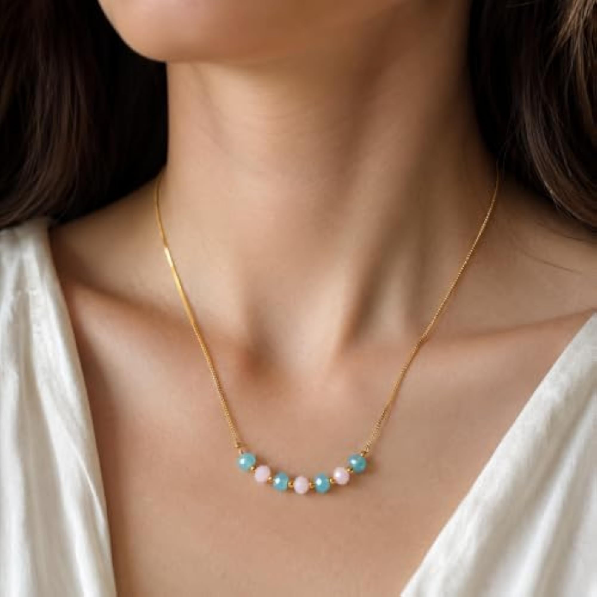 Premium Gold Tone Blue Pink Crystal Bead Necklace, Dainty Fashion
