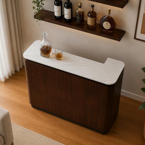 Image of The Attic Jalsa Bar Cabinet, Walnut Finish | Hard and Soft Drinks Storage, Wine Whisky Scotch, Round Bar for Home